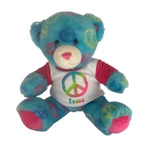 Build A Bear Light Blue Peace Sign Soft Plush Toy & Tie-Dye T Shirt Retired 2010
